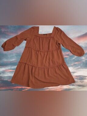 Bloomchic Rust Orange Tiered Mini Dress, Babydoll, Box Square Neckline, Sz 14-16